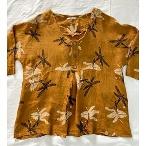 Viola Borghi Boho  Linen Dragonfly Blouse Women's Sz M Lagenlook Earthy  Artsy